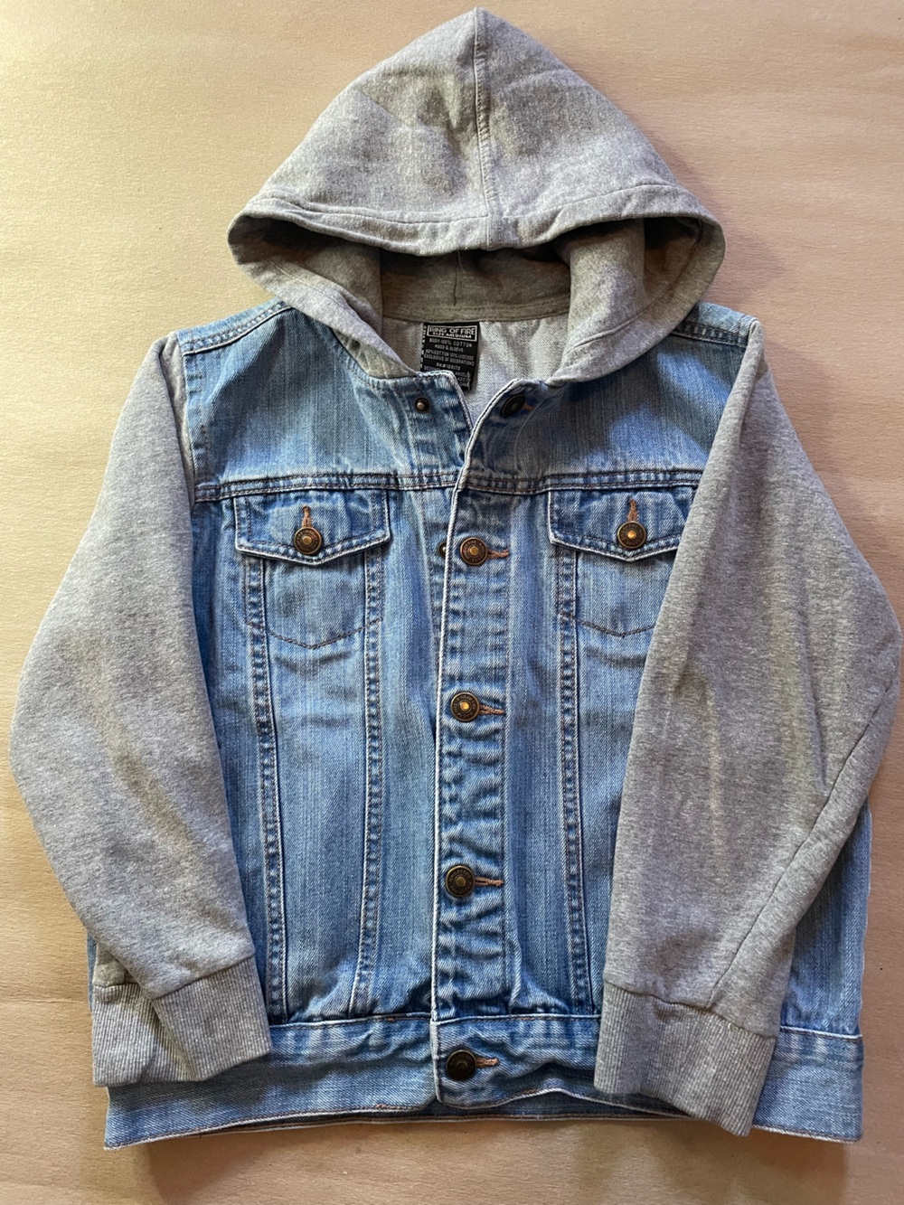 Ring On Fire Medium (8) Kids Hooded Denim Jacket with Gray Knit Sleeves